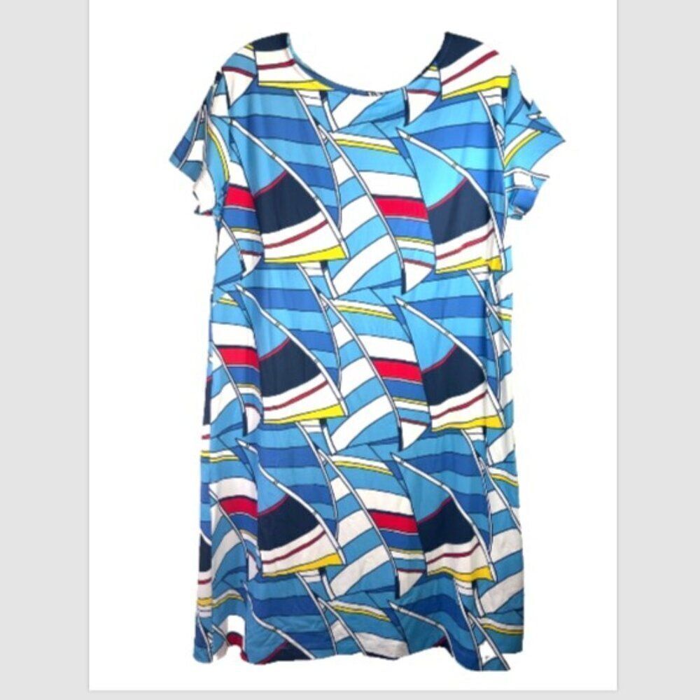 Sailor-Sailor Blue White nautical ladies Dress medium sailboat knit stretch